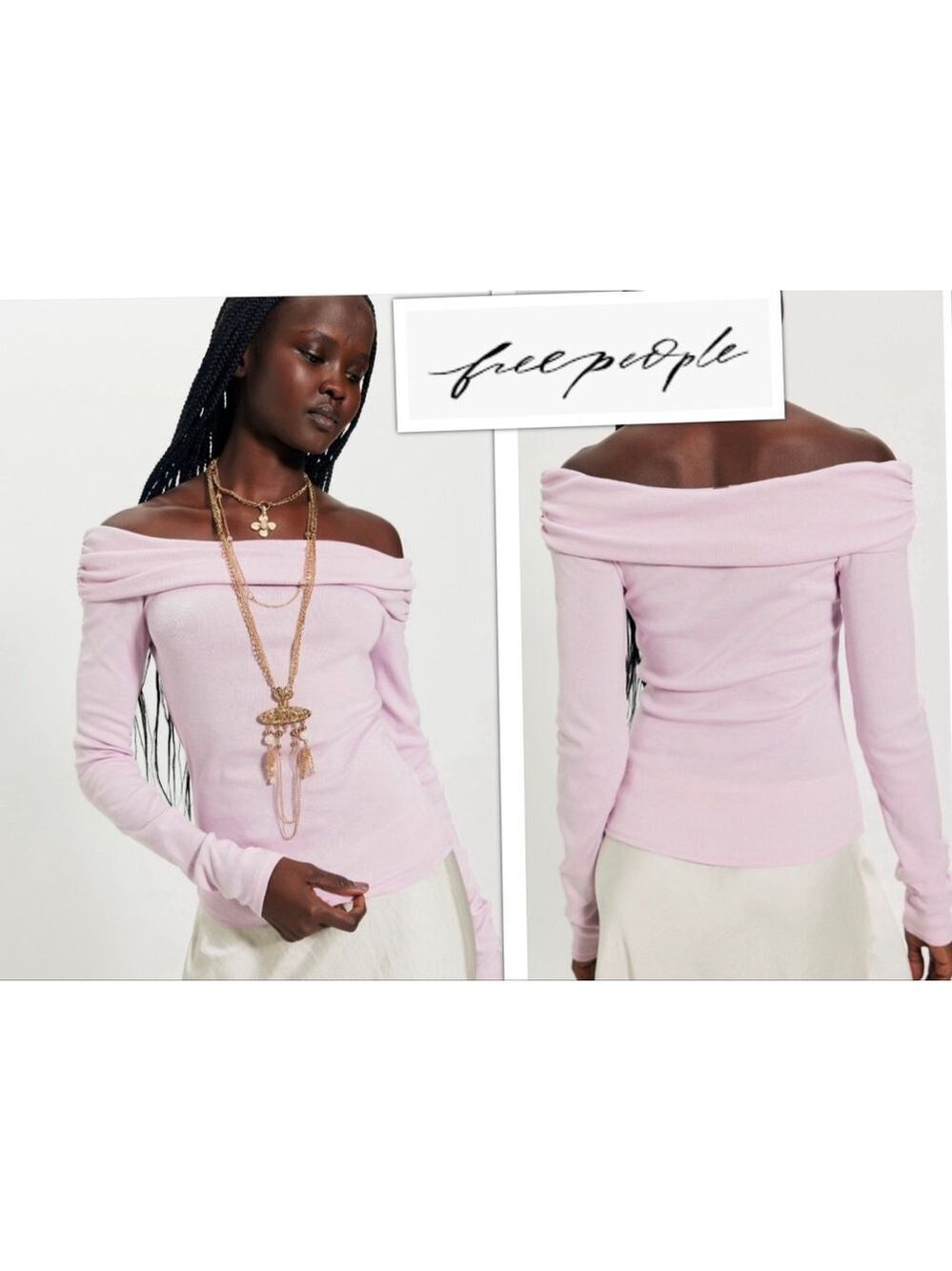 Free People Romantic Pink Off Shoulder Buttery Soft Ribbed Long Sleeve Blouse Lg